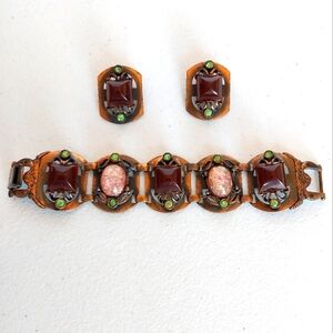 Vtg Selro Selini Copper Earrings & Bracelet W/Faux Opal/Peridot/Pyramid Stones